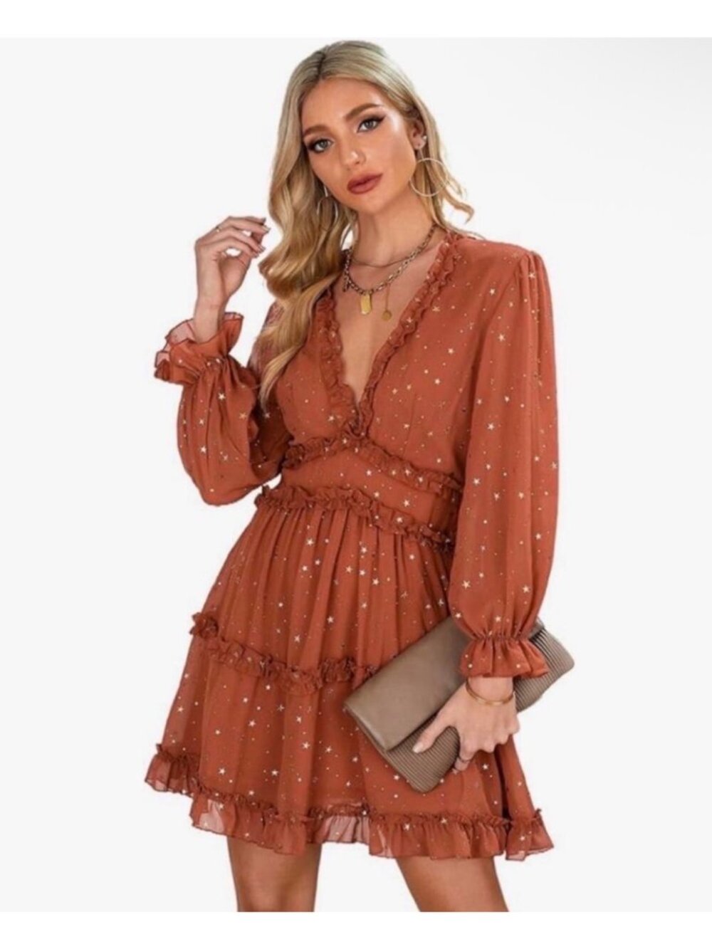 Rust Golden Star Open Back Cutout Ruffle Chiffon Mini Dress Long Sleeve Size L